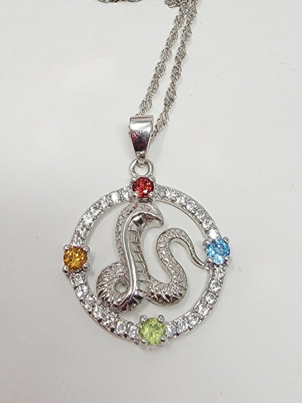 Sterling Silver 925 Snake Serpent Pendant Multicolor Gemstone Halo Necklace